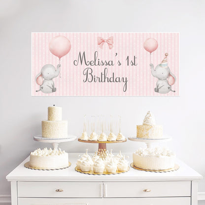 Personalised 1st Birthday Banner Baby Elephant – Satin Paper Wall Decor for Girl's Birthday Party