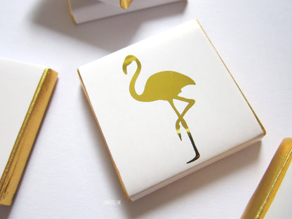 Personalized Golden Flamingo Chocolate Favours – White & Gold Guest Favours (Pack of 25)