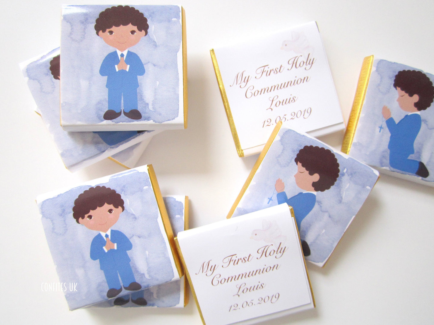 Custom 1st Communion Chocolate Favours for Young Boys – Curly Hair Party Treats (Pack of 25)