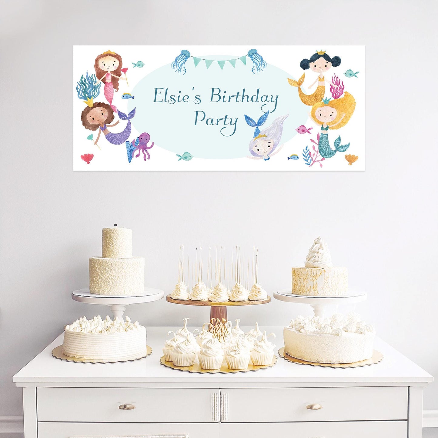 Personalised Mermaids Birthday Banner – Satin Paper Wall Decor for Mermaid Themed Parties