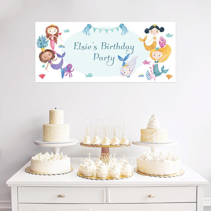 Personalised Mermaids Birthday Banner – Satin Paper Wall Decor for Mermaid Themed Parties