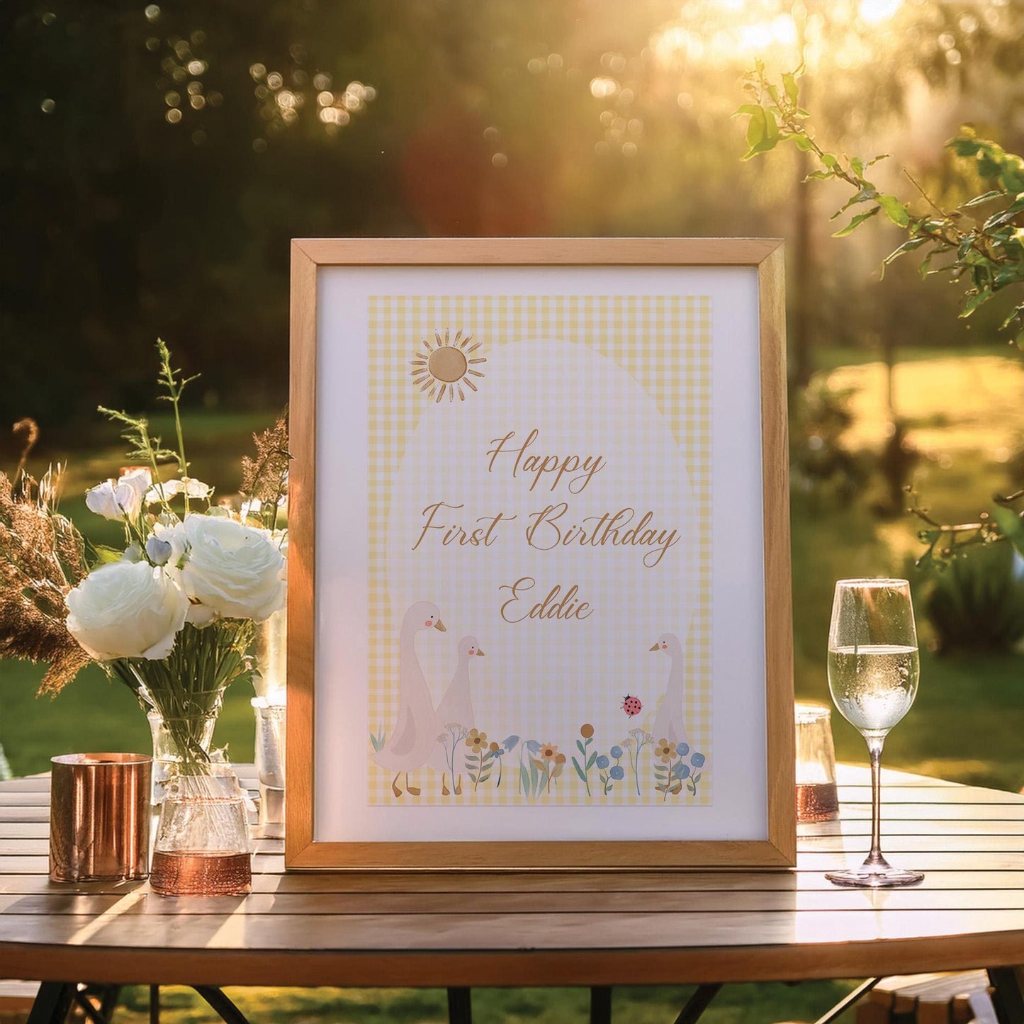 Personalised Cute Geese 1st Birthday Welcome Sign – Custom Printed Party Decoration, Unframed in Multiple Sizes