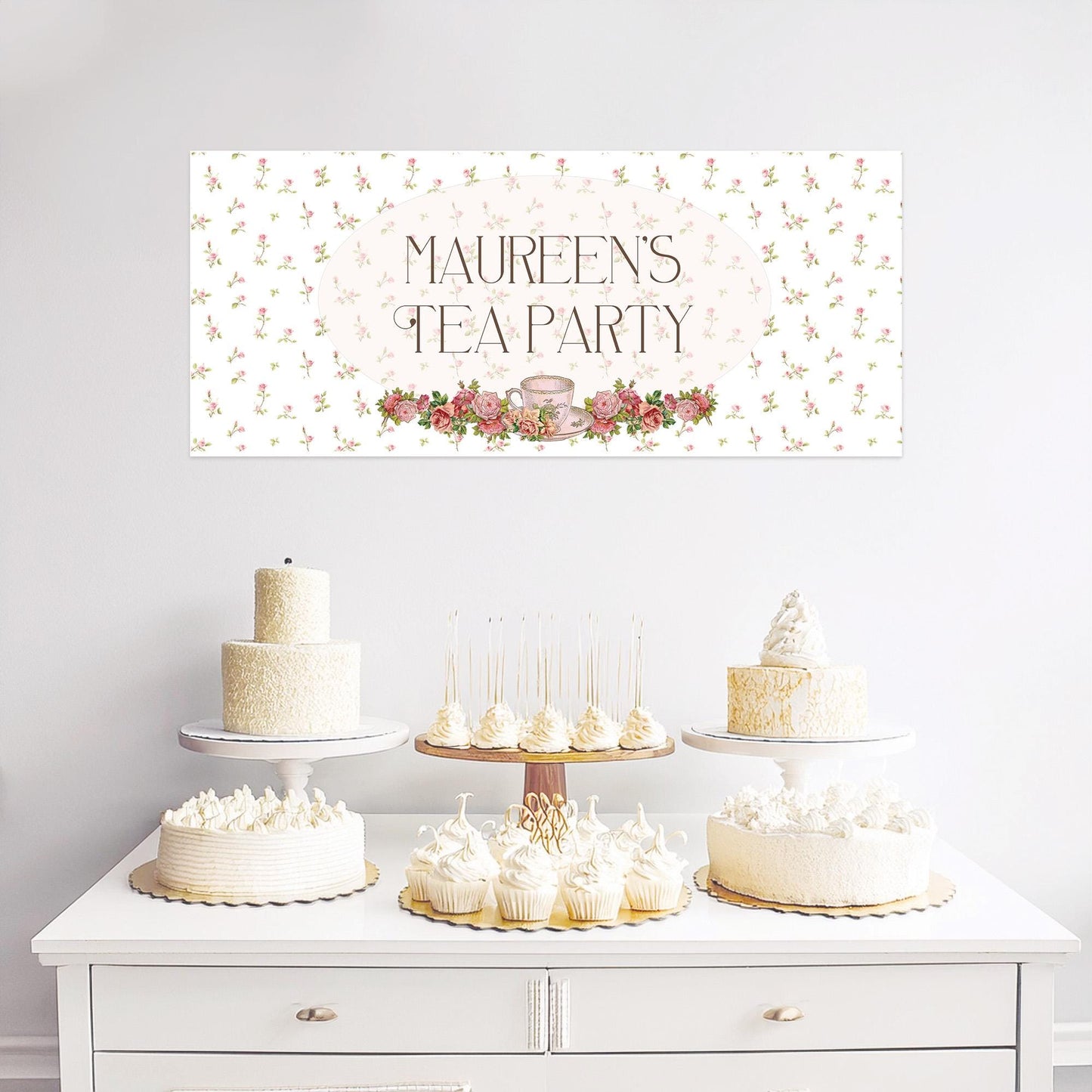 Personalised Tea Party Banner – Birthday Party Wall Decor in Satin Paper, Perfect for Any Occasion