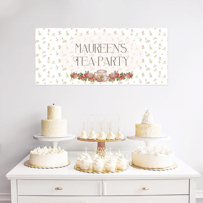 Personalised Tea Party Banner – Birthday Party Wall Decor in Satin Paper, Perfect for Any Occasion