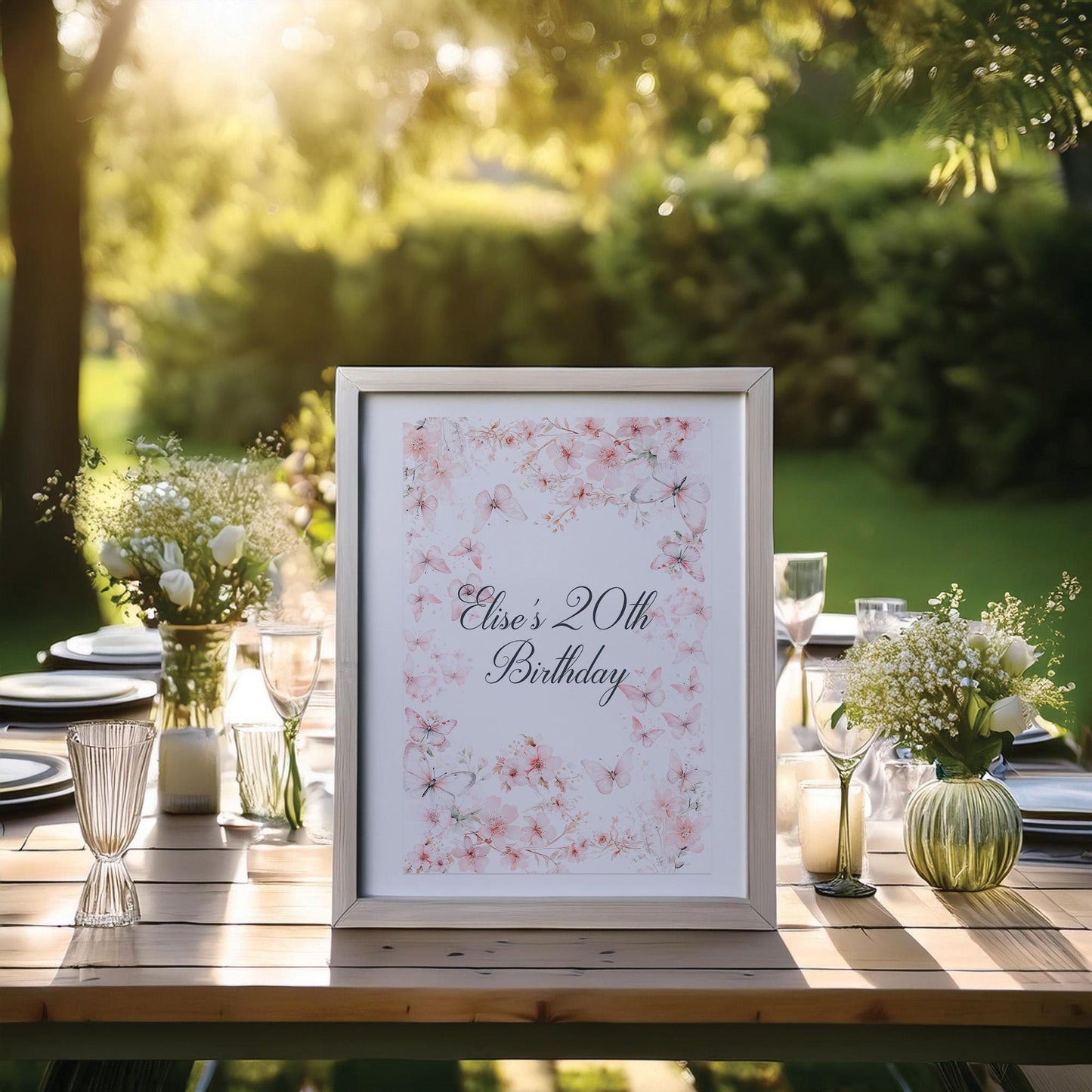 Custom Birthday Sign with Pink Butterflies – Personalised Printed Table Centrepiece, Unframed in Multiple Sizes