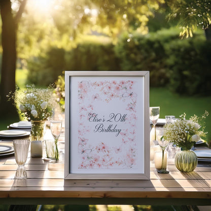 Custom Birthday Sign with Pink Butterflies – Personalised Printed Table Centrepiece, Unframed in Multiple Sizes