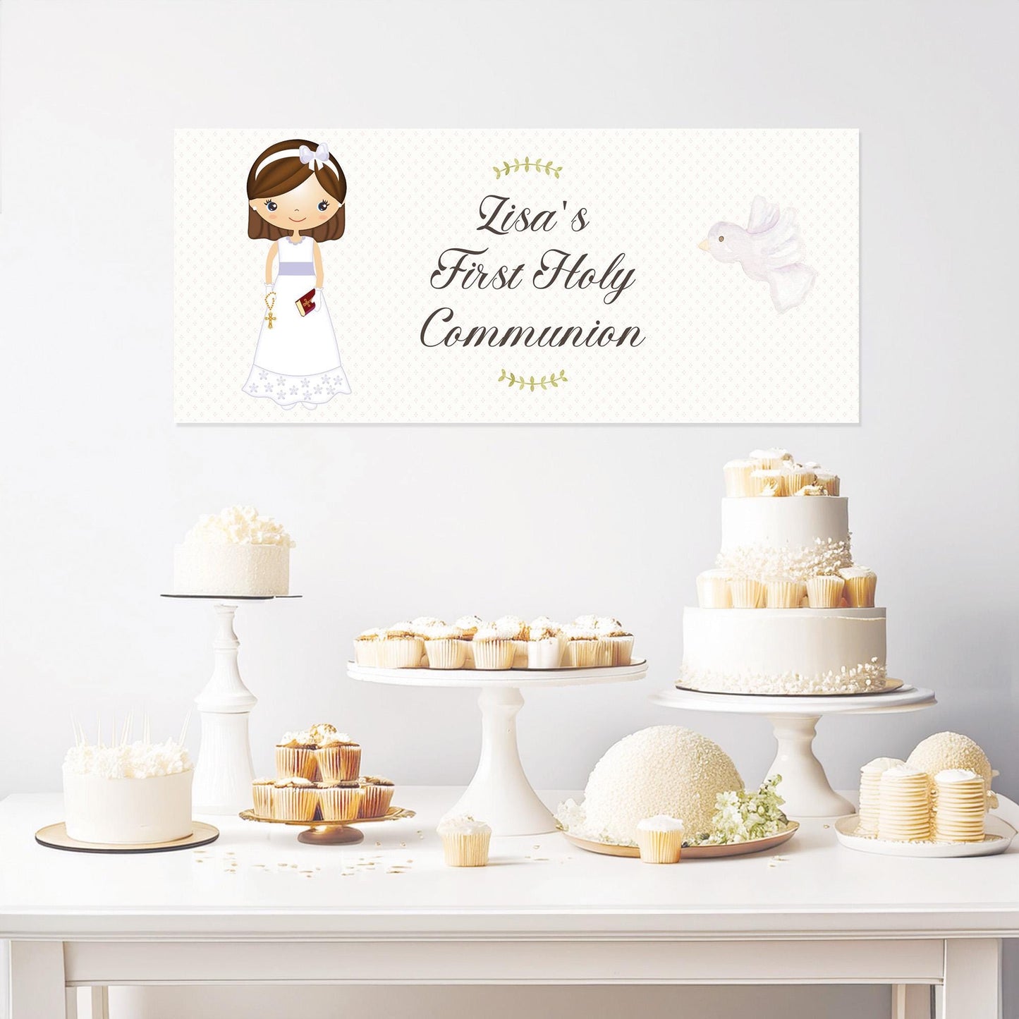 Personalized 1st Communion Banner for Girls in White Dress – Satin Paper Wall Party Decor