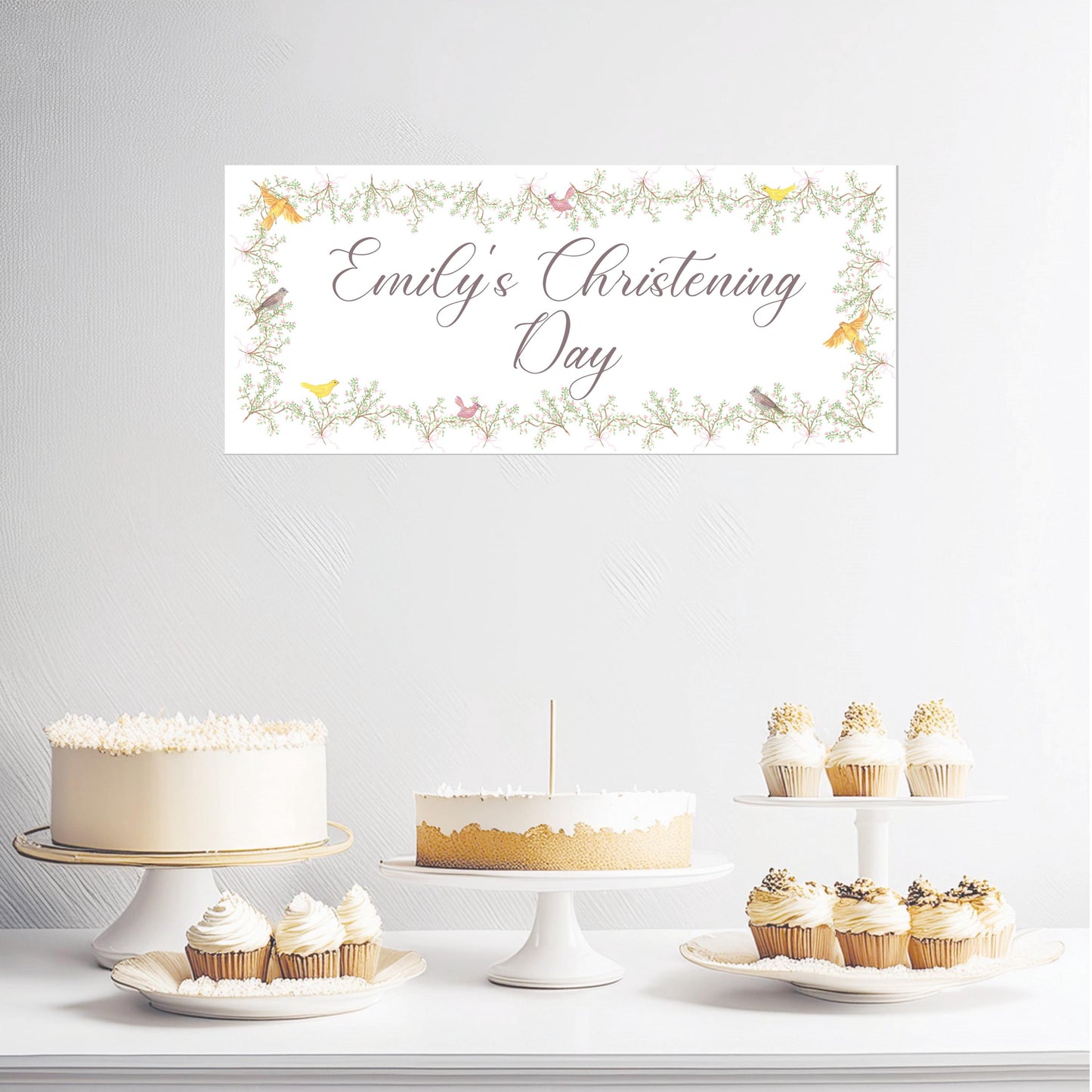 Custom Christening Banner – Little Birds Wall Decor for Baby's Special Day