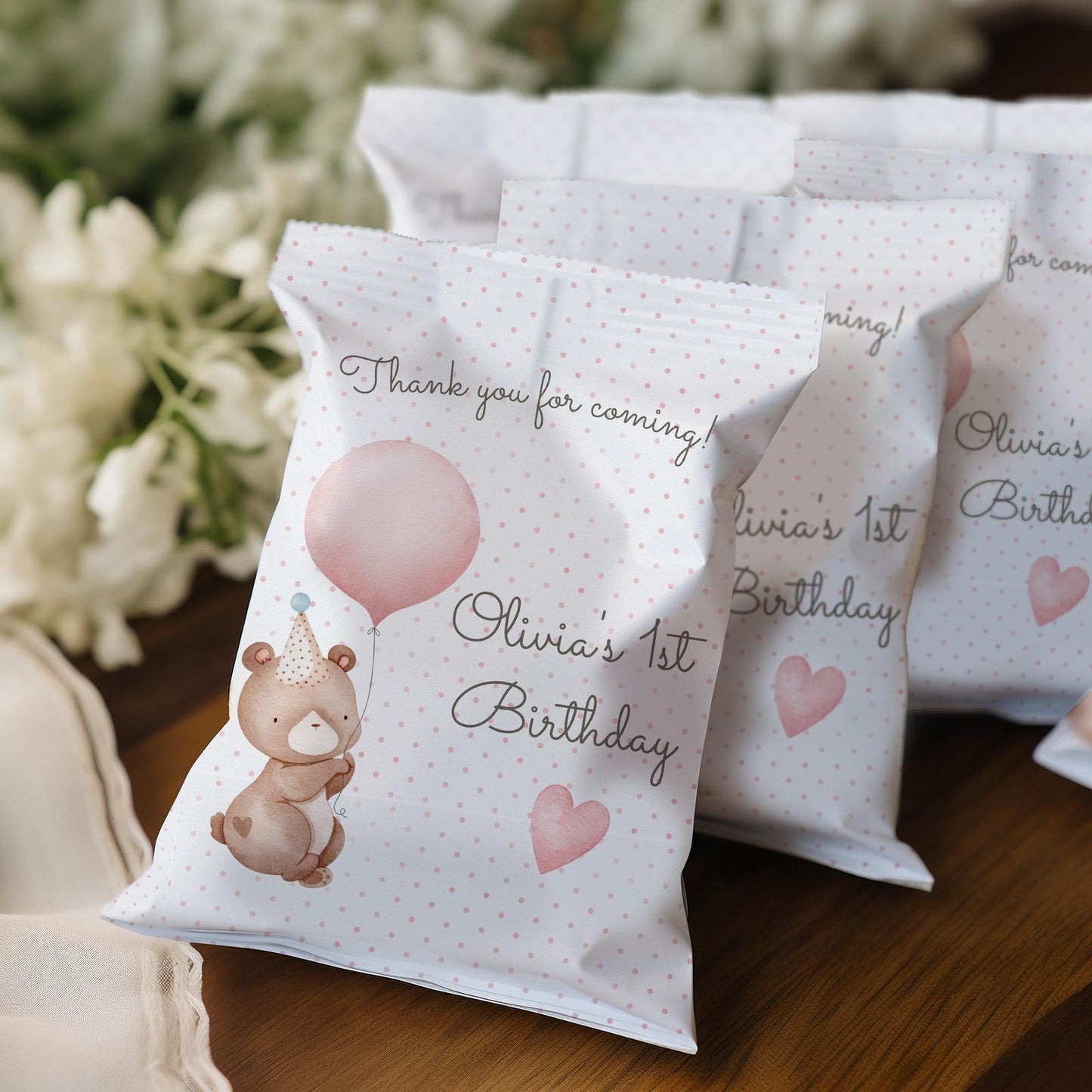 Baby Bear Girl 1st Birthday personalized party bags, baby bear Paper bags for favours, pack of 10