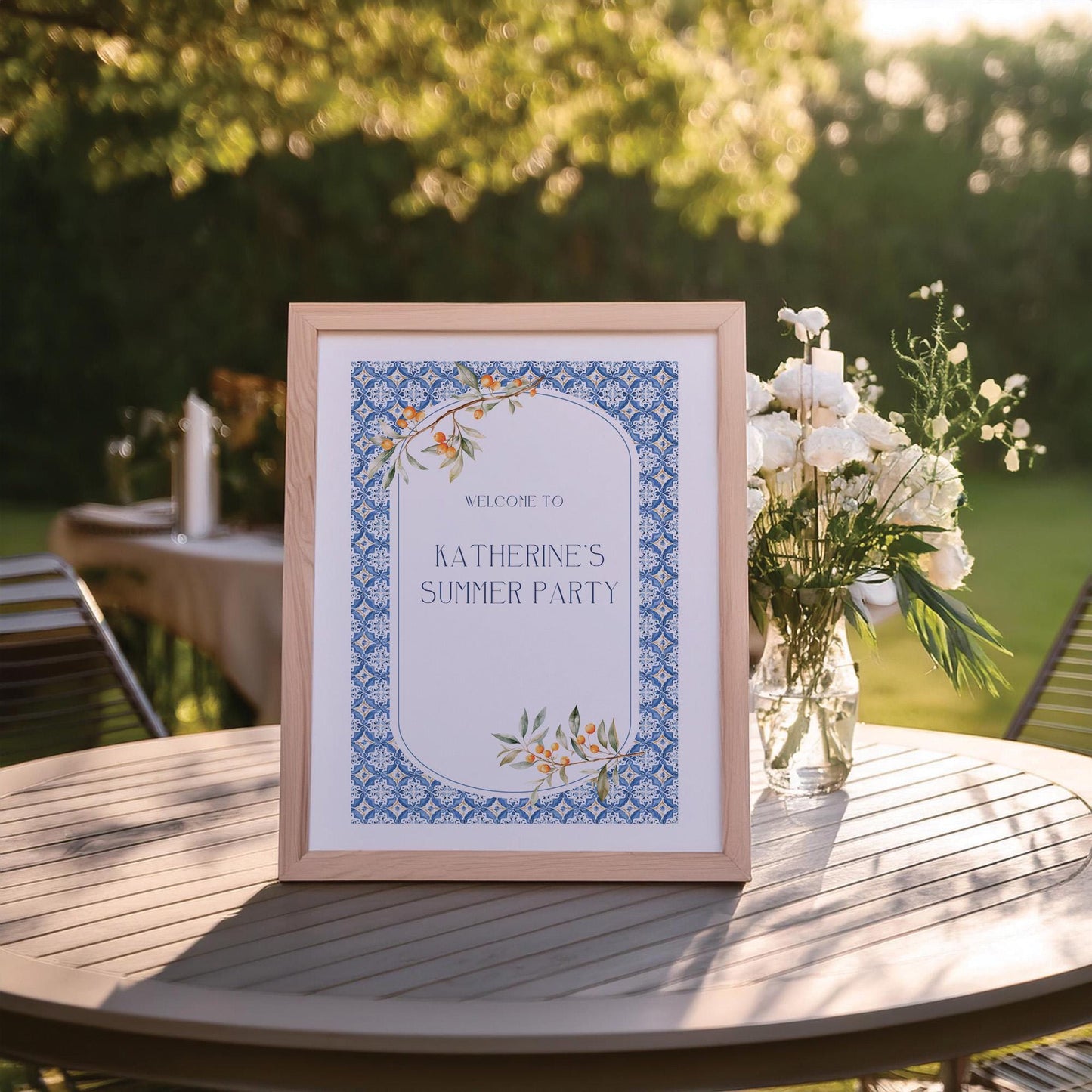 Custom Birthday Sign with Oranges and Blue Tiles – Personalised Printed Table Centrepiece, Unframed in Various Sizes