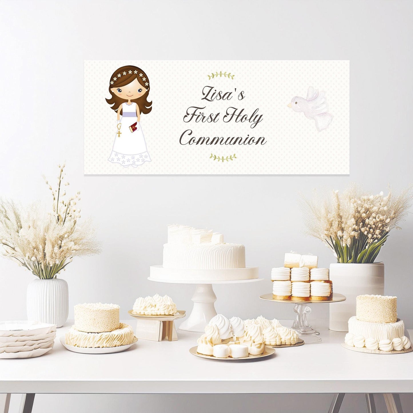 Personalized 1st Communion Banner for Girls in White Dress – Satin Paper Wall Party Decor