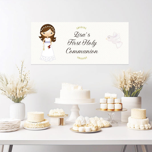 Personalized 1st Communion Banner for Girls in White Dress – Satin Paper Wall Party Decor