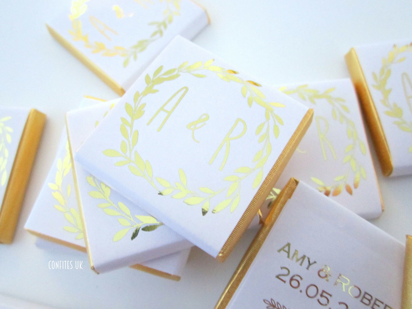 Personalized Wedding Chocolate Favours – Golden Wreath Design, White & Gold Wedding Favours (Pack of 25)