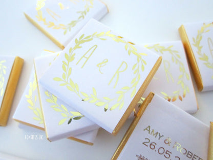 Personalized Wedding Chocolate Favours – Golden Wreath Design, White & Gold Wedding Favours (Pack of 25)