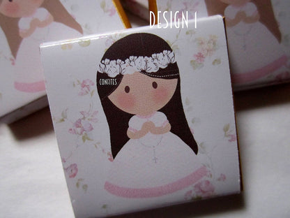 Personalized 1st Communion Girls Chocolate Favours – head white flowers (Pack of 25)