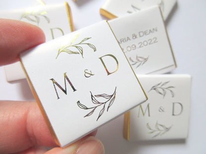 Personalized Wedding Chocolate Favours – Golden Leaves and Initials Design, White & Gold (Set of 25)