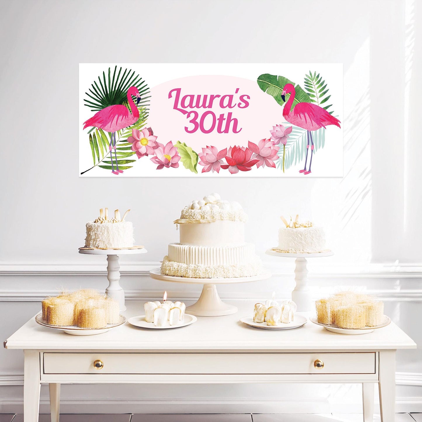 Personalised Pink Flamingo Party Banner – Tropical Birthday Wall Decor in Satin Paper