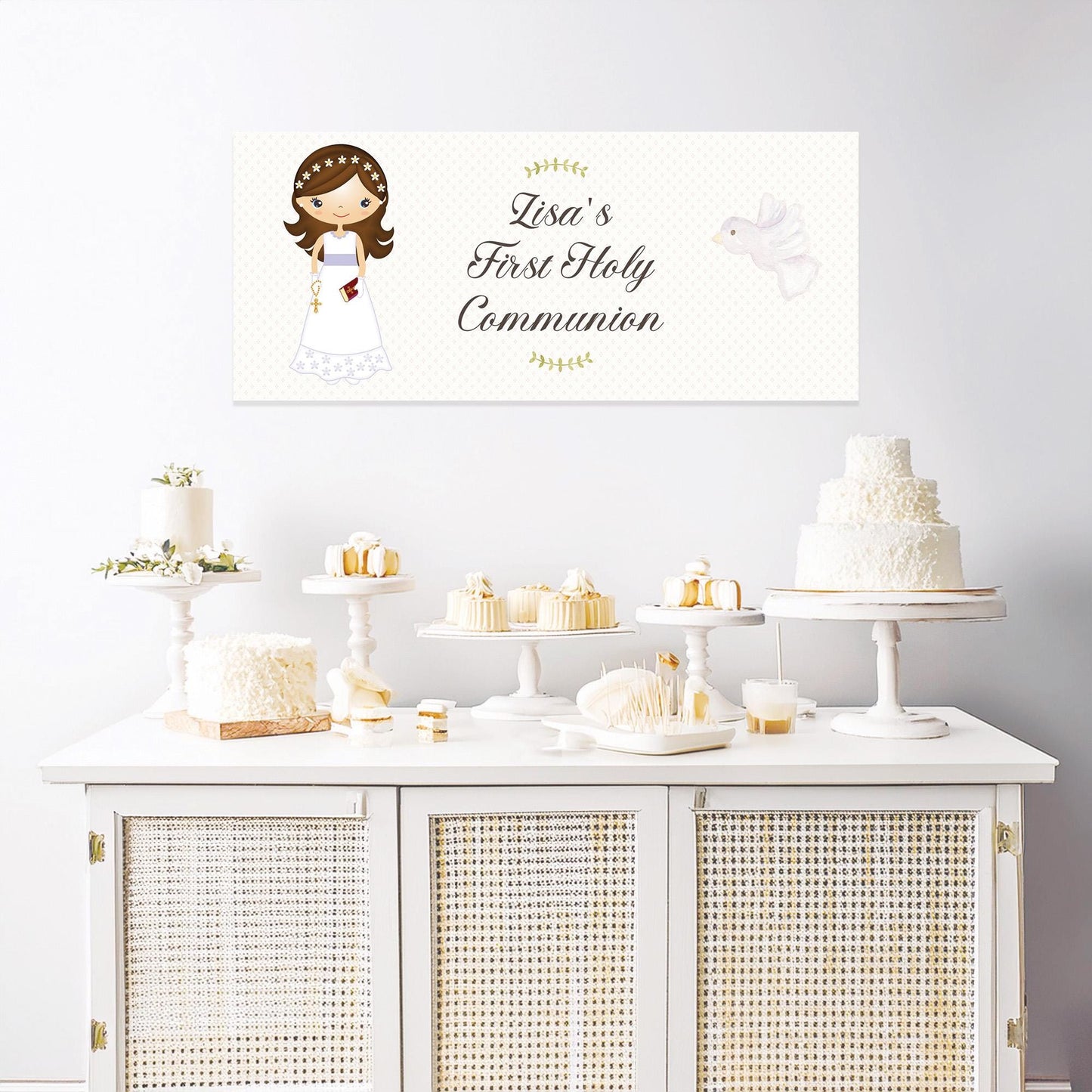 Personalized 1st Communion Banner for Girls in White Dress – Satin Paper Wall Party Decor