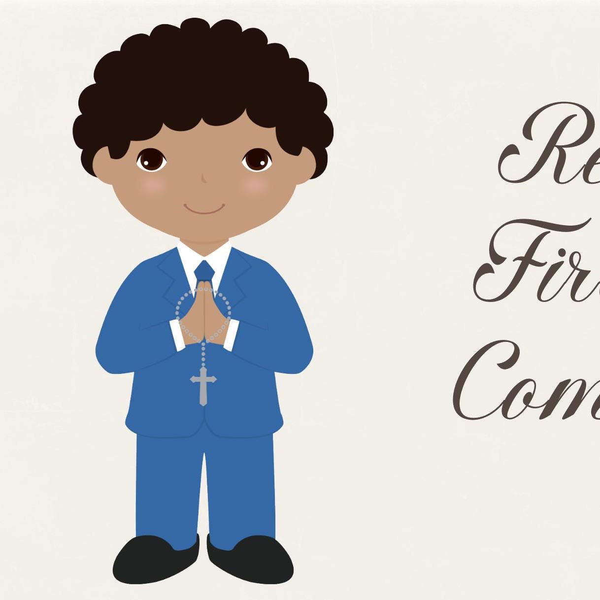 Personalised 1st Communion Banner for Boys in Blue Suit – Satin Paper Wall Party Decor