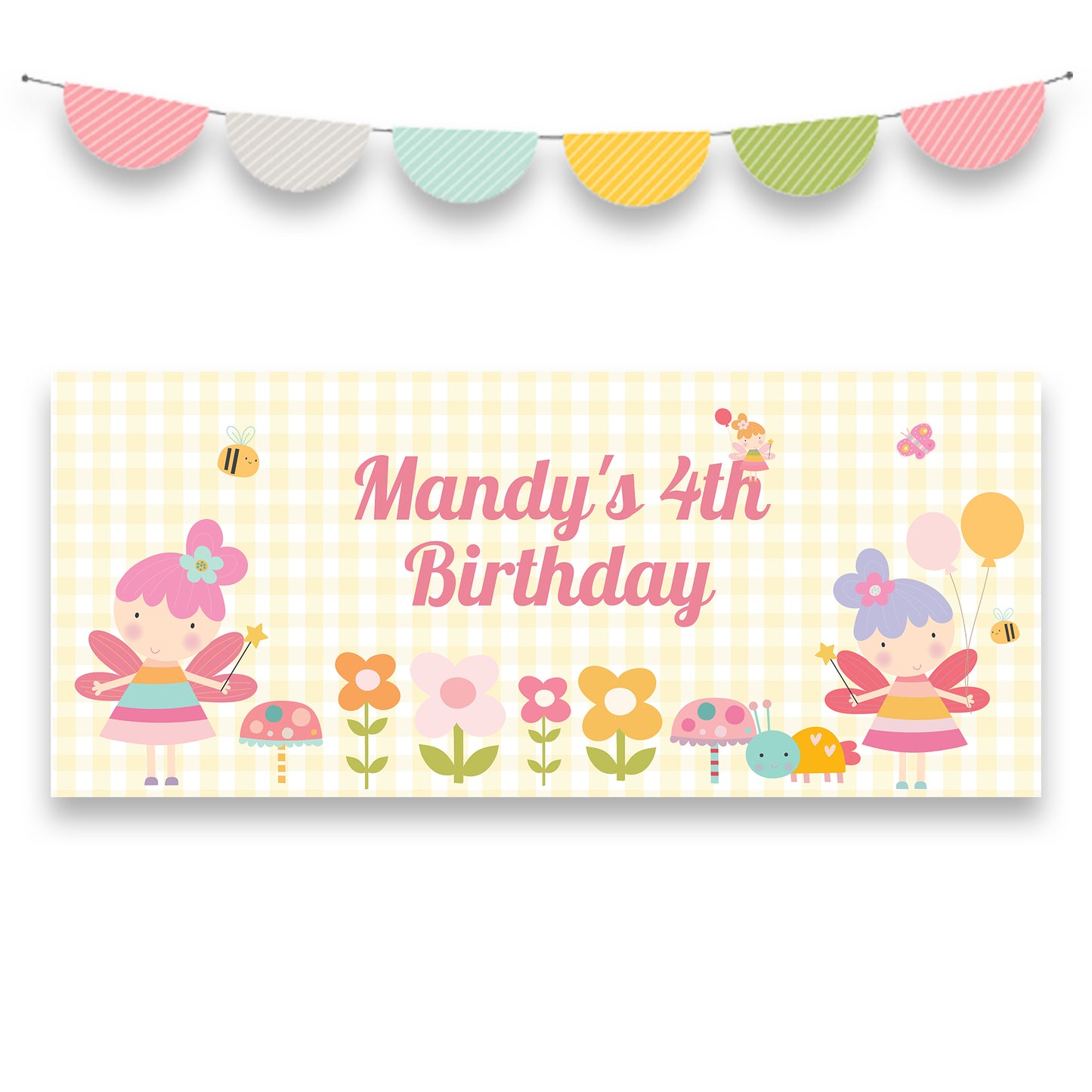 Cute Flower Fairy Birthday Banner – Personalised Girls Party Décor in Satin Paper