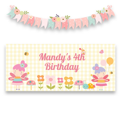 Cute Flower Fairy Birthday Banner – Personalised Girls Party Décor in Satin Paper