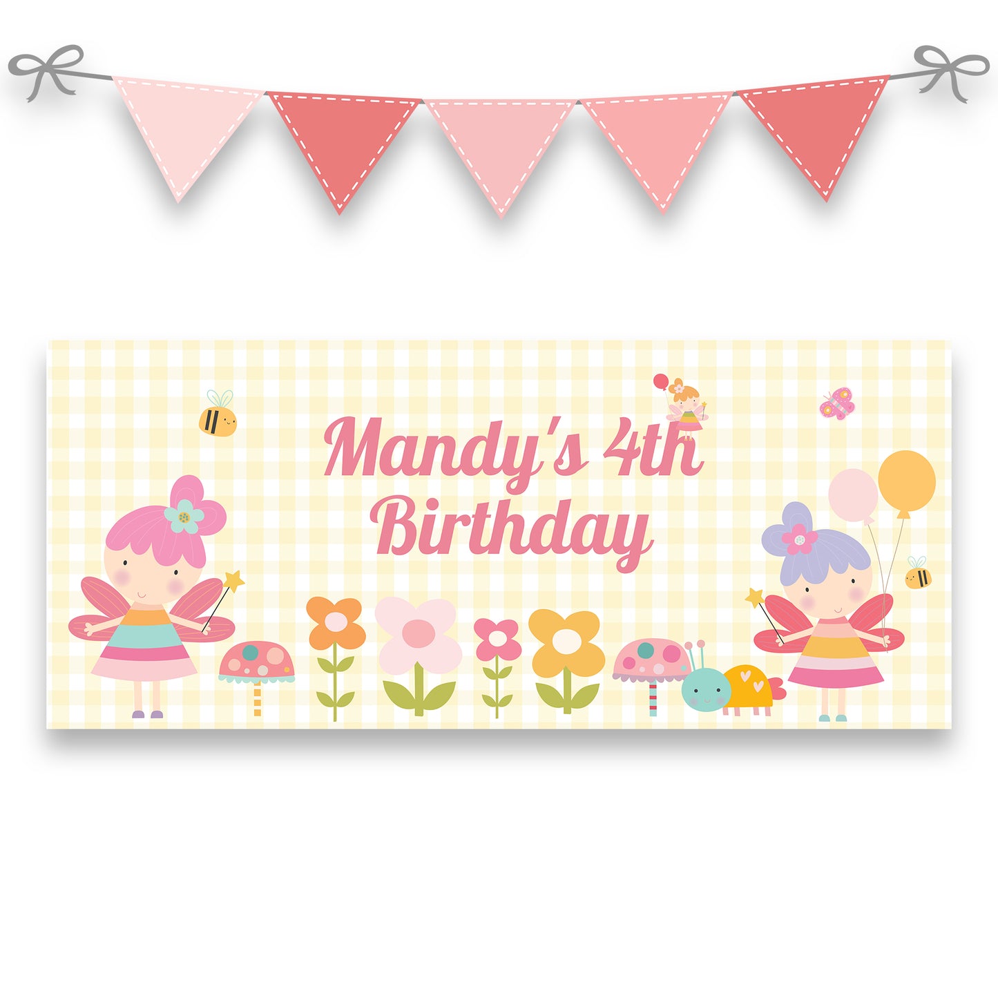 Cute Flower Fairy Birthday Banner – Personalised Girls Party Décor in Satin Paper