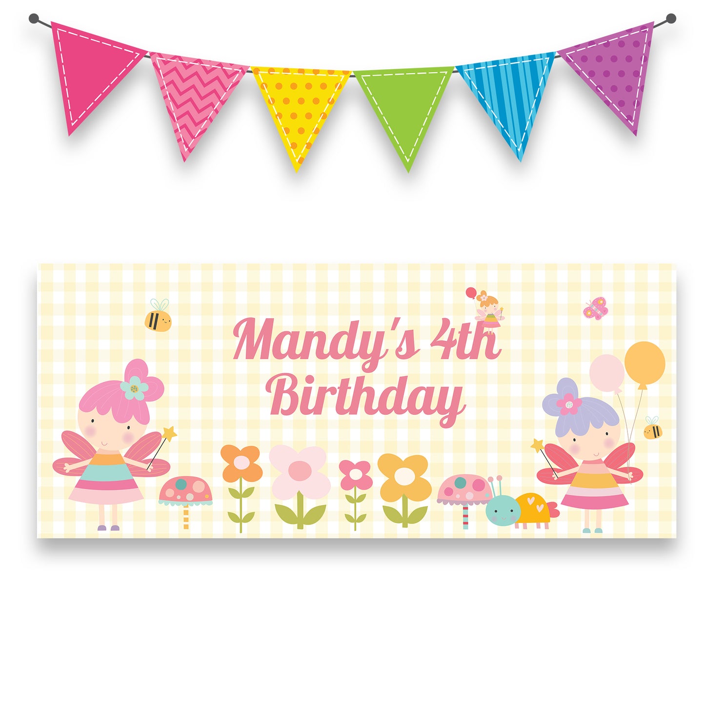 Cute Flower Fairy Birthday Banner – Personalised Girls Party Décor in Satin Paper