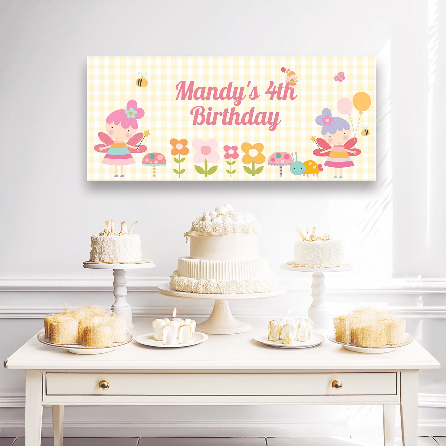 Cute Flower Fairy Birthday Banner – Personalised Girls Party Décor in Satin Paper
