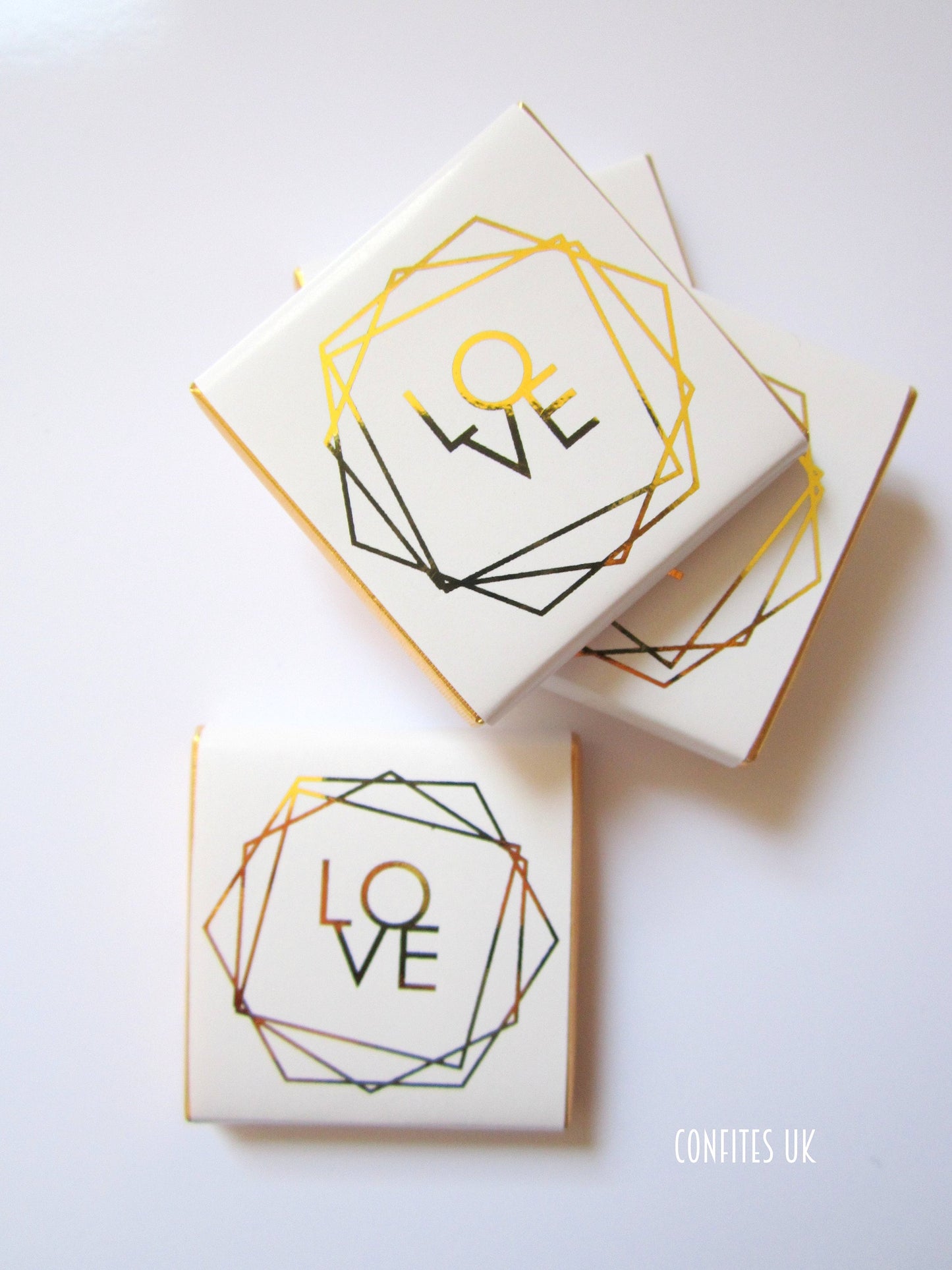Wedding Love Personalized Chocolate Favours – Elegant White & Gold Geometric Design (Set of 25)