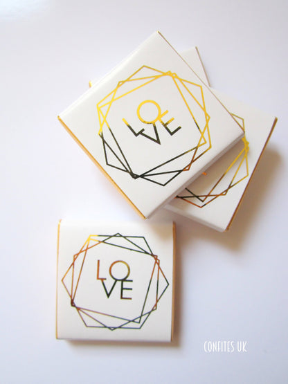 Wedding Love Personalized Chocolate Favours – Elegant White & Gold Geometric Design (Set of 25)