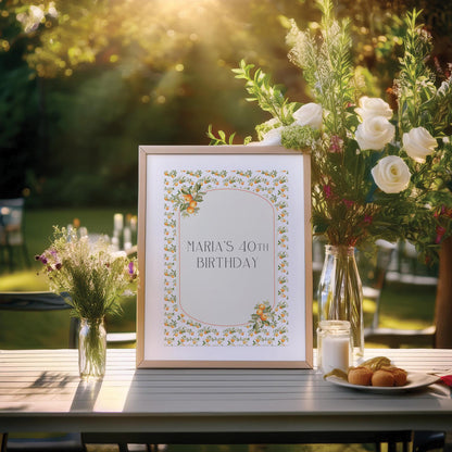Personalised 40th Birthday Printed Sign – Mediterranean Oranges Design, Custom Table Centrepiece, Unframed in Multiple Sizes for Party Decor