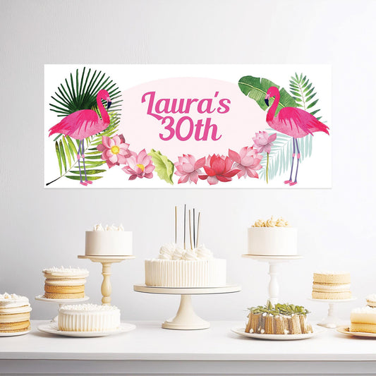 Personalised Pink Flamingo Party Banner – Tropical Birthday Wall Decor in Satin Paper