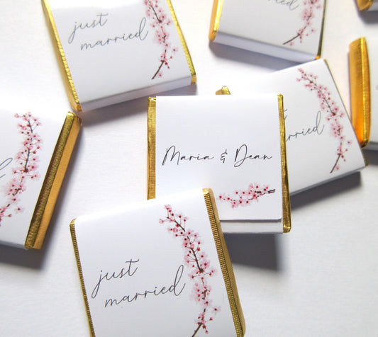 Wedding Personalized Chocolate Favours – Just Married Cherry Blossom Design, Pack of 25