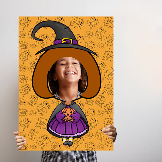 Halloween Witch with Pumpkin Face in the Hole Photo Booth Prop – Kids Halloween Party Foam Board