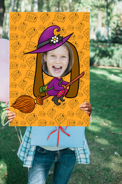 Halloween Flying Witch Face in the Hole Photo Booth Prop – Kids Halloween Party Foam Board