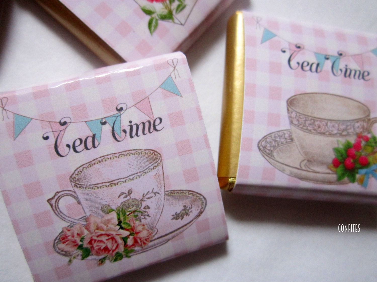 ersonalised Tea Party Chocolate Favours - Pack of 25.

Purpose: Ideal for sophisticated gatherings, party tables, or as thank-you gifts.

Customisation: Personalised message can be added to the back of each favour.