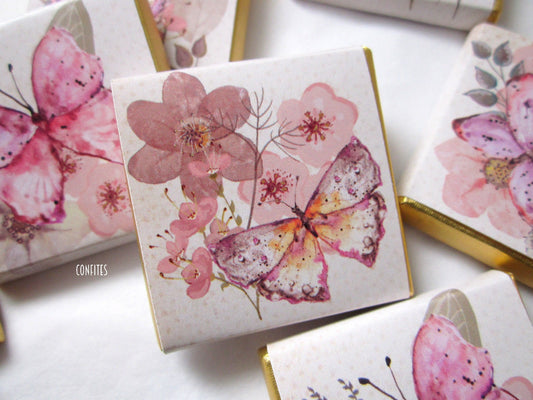 Butterfly Birthday Favours – Personalised Chocolates with Flowers (Pack of 25)