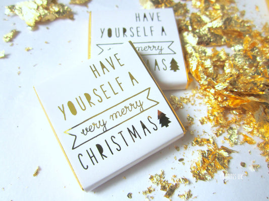White and Gold Christmas Chocolate Favours – Personalised. Ideal for stockings, advent calendars, and festive tables
