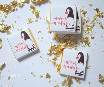 Mini elf-themed chocolates that can be personalised. They are suitable for use as stocking fillers, table treats, or guest favours.