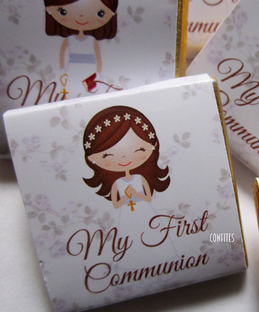 Elegant, girl-themed communion chocolate favours that are personalised with a custom message.