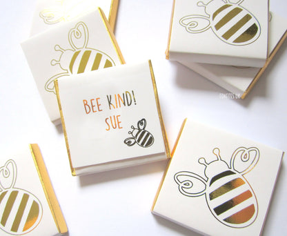 Personalised bee-themed chocolate favours.  Elegant guest gifts for weddings, baby showers, birthdays, or christenings