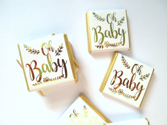 Personalised gold “Oh Baby” chocolate favours, handmade in the UK.
Ideal for baby showers, table décor, or as guest treats.