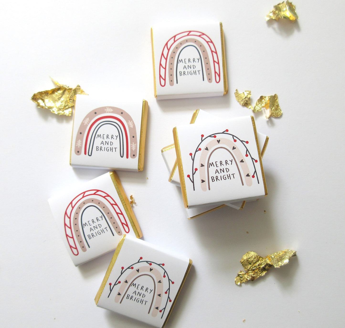Festive chocolate favours with a rainbow "Merry & Bright" design, personalised backs, Ideal for stocking fillers, sweet tables, and general Christmas treats.