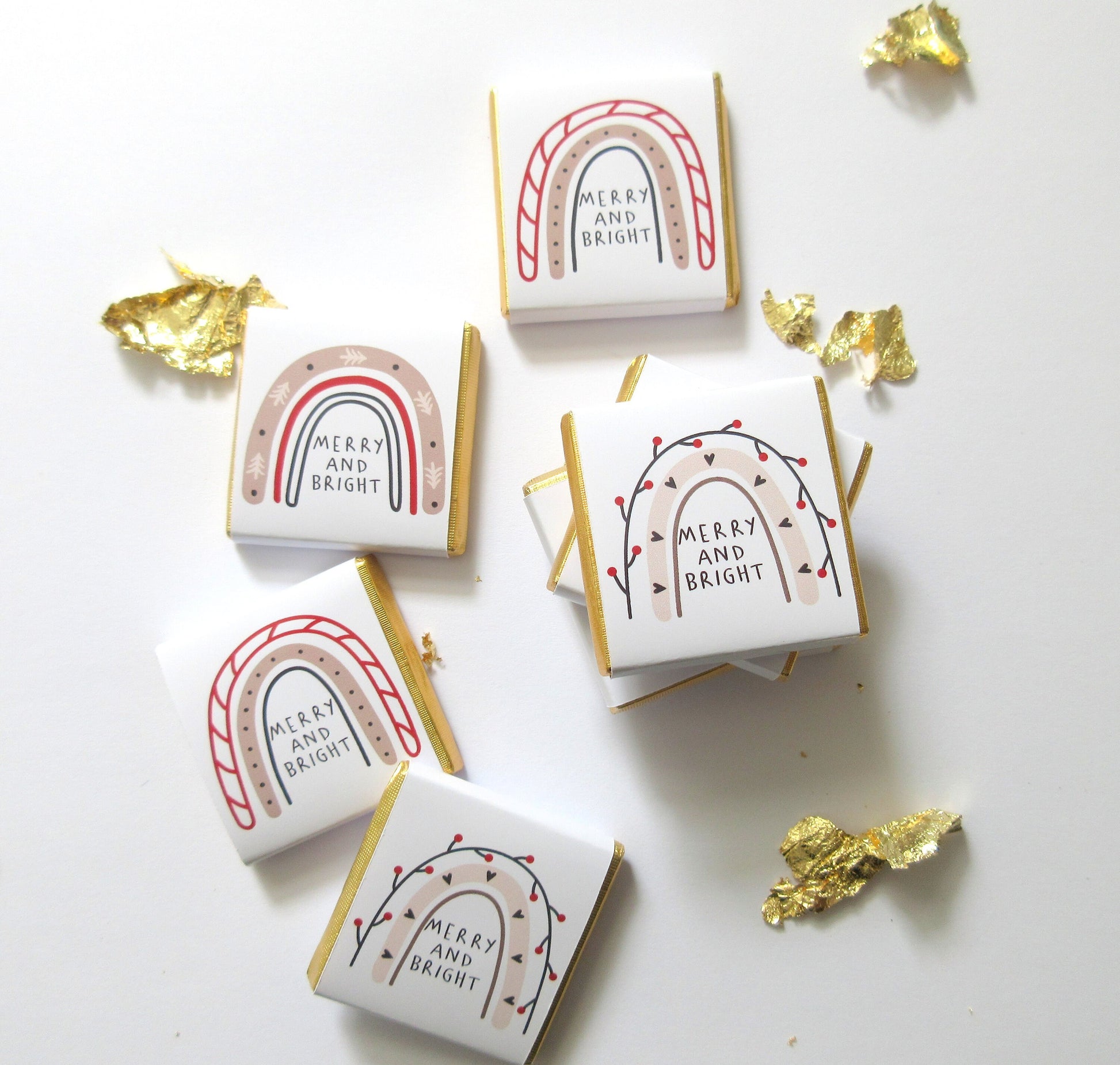 Festive chocolate favours with a rainbow "Merry & Bright" design, personalised backs, Ideal for stocking fillers, sweet tables, and general Christmas treats.