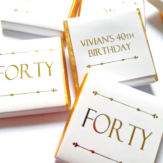 A pack of 25 customisable chocolate favours designed for milestone birthday parties and celebrations.
