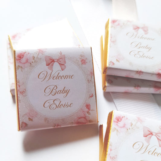 Personalised Welcome Baby Girl Chocolate Favours – Pink Floral Treats (Pack of 25)