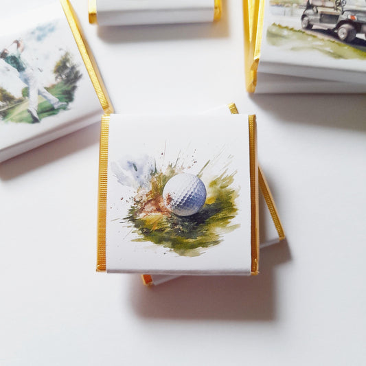 Chocolate square with golf-themed covers