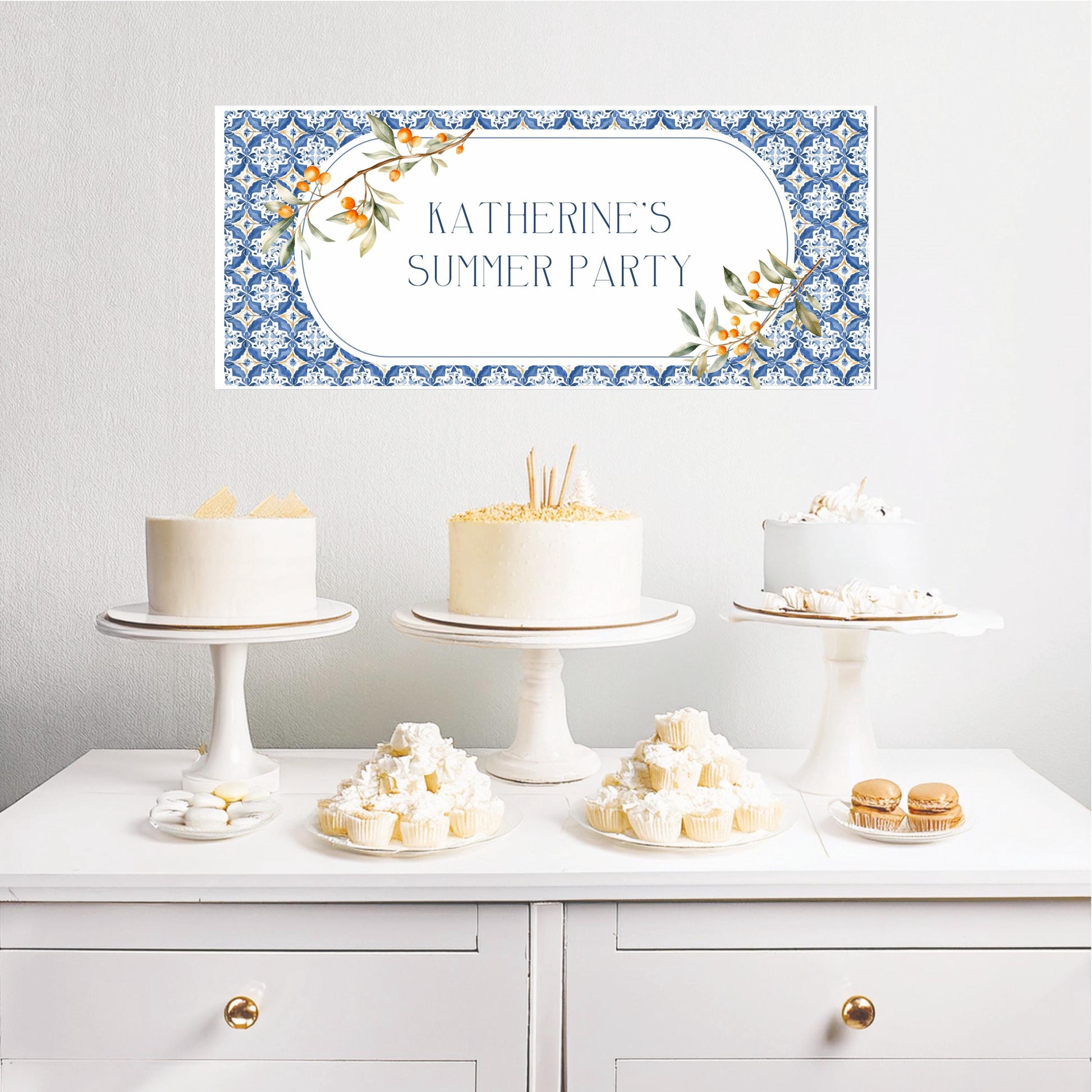 A customisable birthday banner featuring tile and citrus designs. Made from high-quality satin paper and delivered rolled for protection.

Purpose: Perfect for summer-themed 