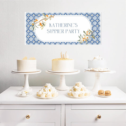 A customisable birthday banner featuring tile and citrus designs. Made from high-quality satin paper and delivered rolled for protection.

Purpose: Perfect for summer-themed 