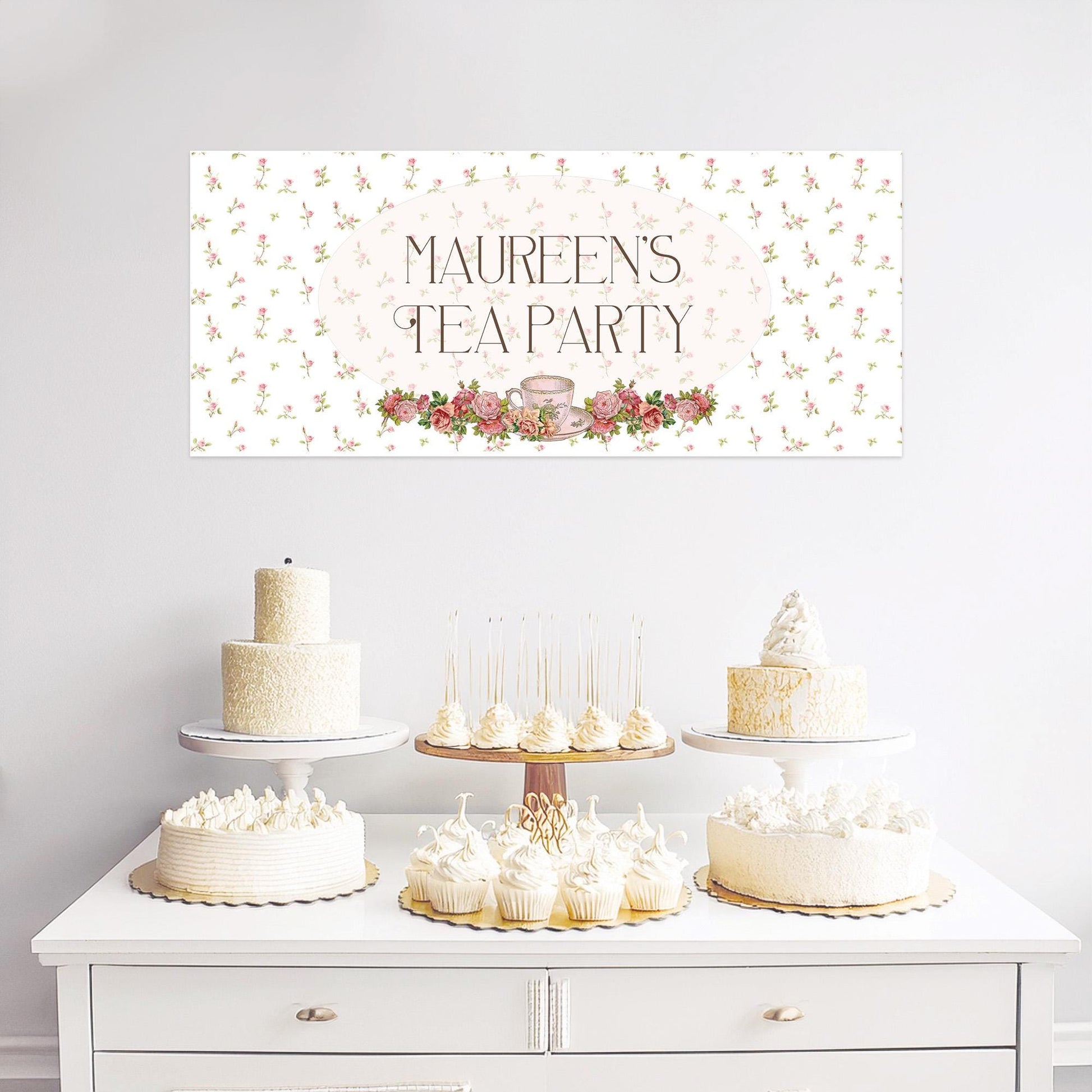 Personalised tea party banner on luxurious satin paper, delicate floral , custom text, approx 43 cm × 1 m.”